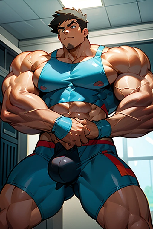 Ash Ketchum from Pokémon anime as a big dumb muscular bodybuilder jock in a locker room flexing and staring blankly as his eyes glow red under hypnosis with his mouth hanging open as he repeats, "Bigger... Dumber.... Must obey.... More like a jock bro every day.... Yes, Coach. I obey. Huhuhuhuh...." in a deep mindless emotionless voice with his fellow hypnotized jocks to forget about Pokémon training and focus instead on training his own body and obeying his coach. Hyper swollen bulging crotch. Hyper muscles. Toned muscles. 5% body fat. Big biceps. Big triceps. Broad shoulders. Big traps. Big lats. Big meaty pecs. Massive deltoids. Six-pack abs. Spherical glutes. Brainwashing. Hypnosis. Hypnotized. Bro. IQ drain. Dumber and dumber. Meathead. Musclehead. Mindless. Hypno. Mind control. Brain drain. Entranced.