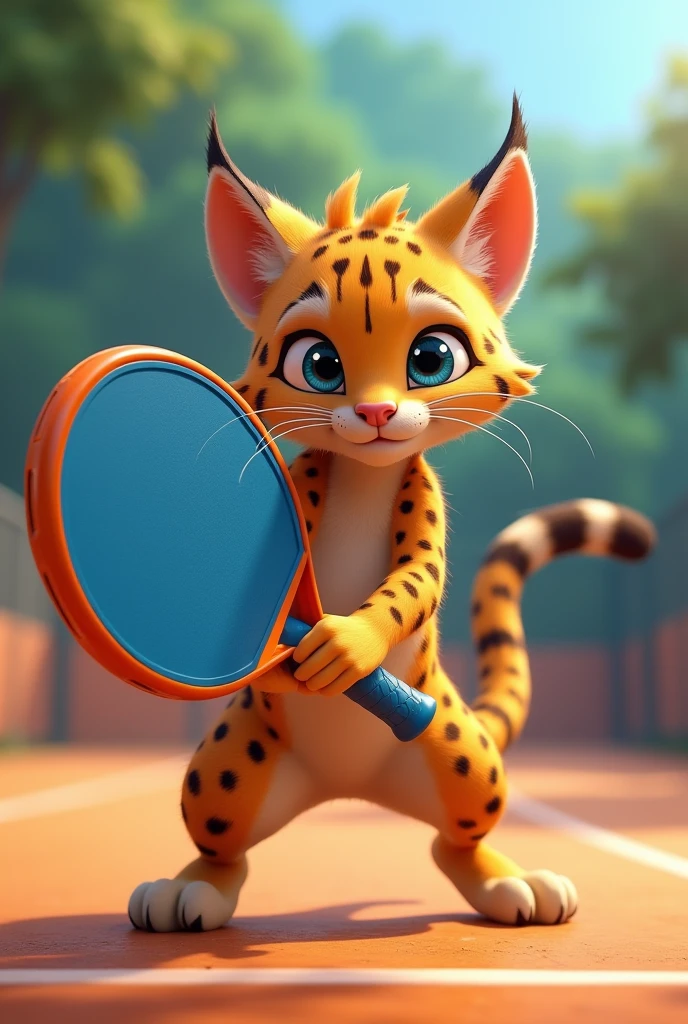 Make an animated ocelot with a paddle racket that is not thin and includes the colors blue and orange