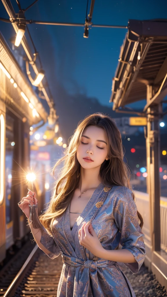 breathtaking a woman standing on a train track with her hair in the air and her eyes closed, looking down, Alex Grey, portrait photography, a tilt shift photo, arabesque . award-winning, professional, highly detailed