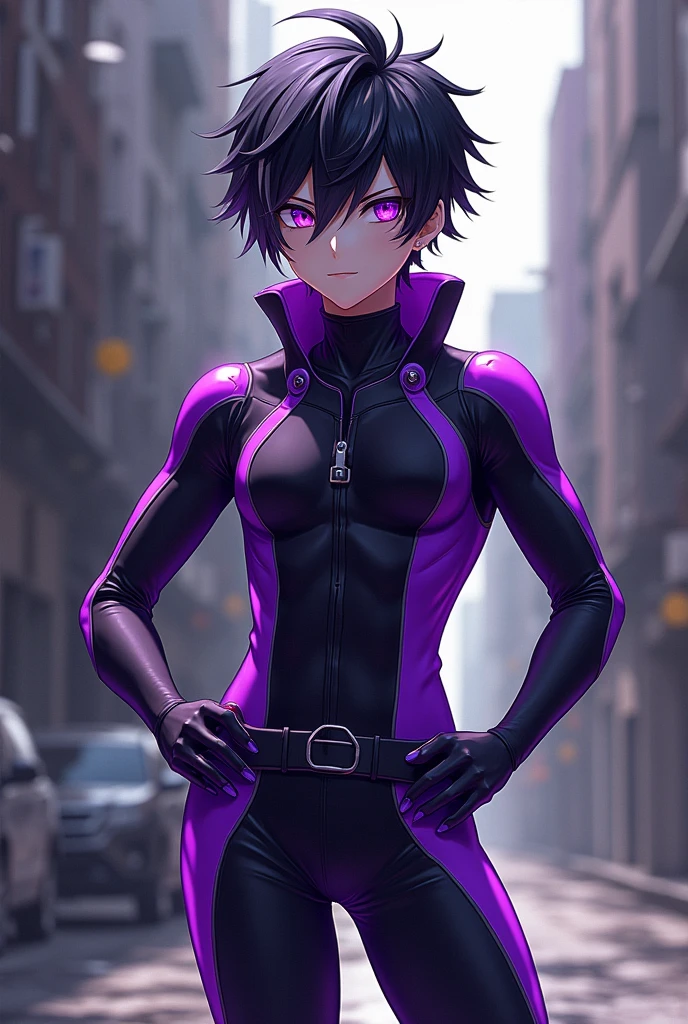 r boy anime style boku no hero, black hair with silver highlights, white skin and purple eyes, anti-hero suit like subsero's but in purple