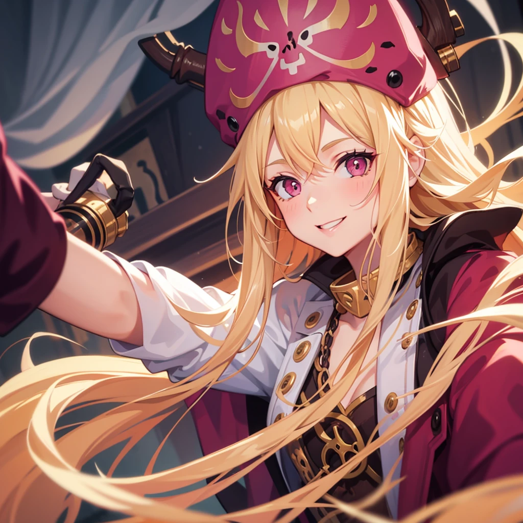 One adult woman, pink eyes, long blonde hair, smile, pirate clothes