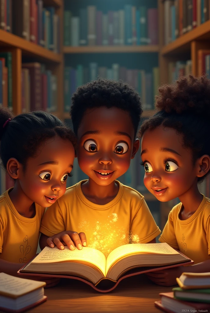 des enfants rassemblés, montrant leurs expressions concentrées et imaginatives pendant qu'ils lisent le livre doré dans la bibliothèque (Africain)