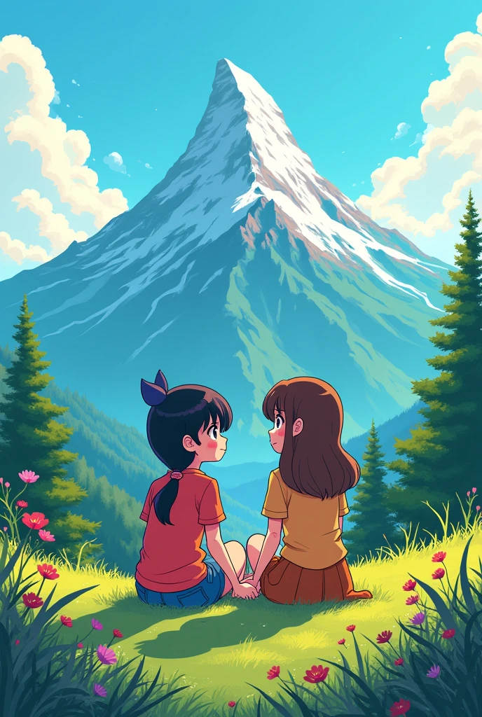A big mountain , landscape, make comic type a small flower two girl best friend sat , beautiful nature , animated , anime character 