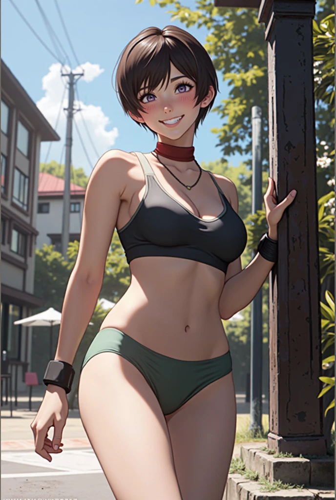Sarada, (((Alone, pussy, Sarada Uchiha, Sozinha, cabelo curto, Angled Textured Bob, small breasts, sexy, beautiful))) ,Eyeglasses, selva, red bikini, peito pequeno, ((top lease, de lado, artistic composition, boa qualidade, alta qualidade, qualidade detalhada, best quality, Angled Textured Bob, seios pequenos, fio dentai, dug bikini)),(olhos pretos, artistic composition, super detalhada),(olhos delicados), usando batom rosa, cabelo preto curto,(corpo fitness, corpo atletico), pele bronzeada, red polka dot bikini. standing under a tree. olhos detalhados. bumbum grande. de lado, marquinha de bronzeado, perspectiva lateral,(Uchiha Sarada, marquinha de bronzeado, Obra Prima)