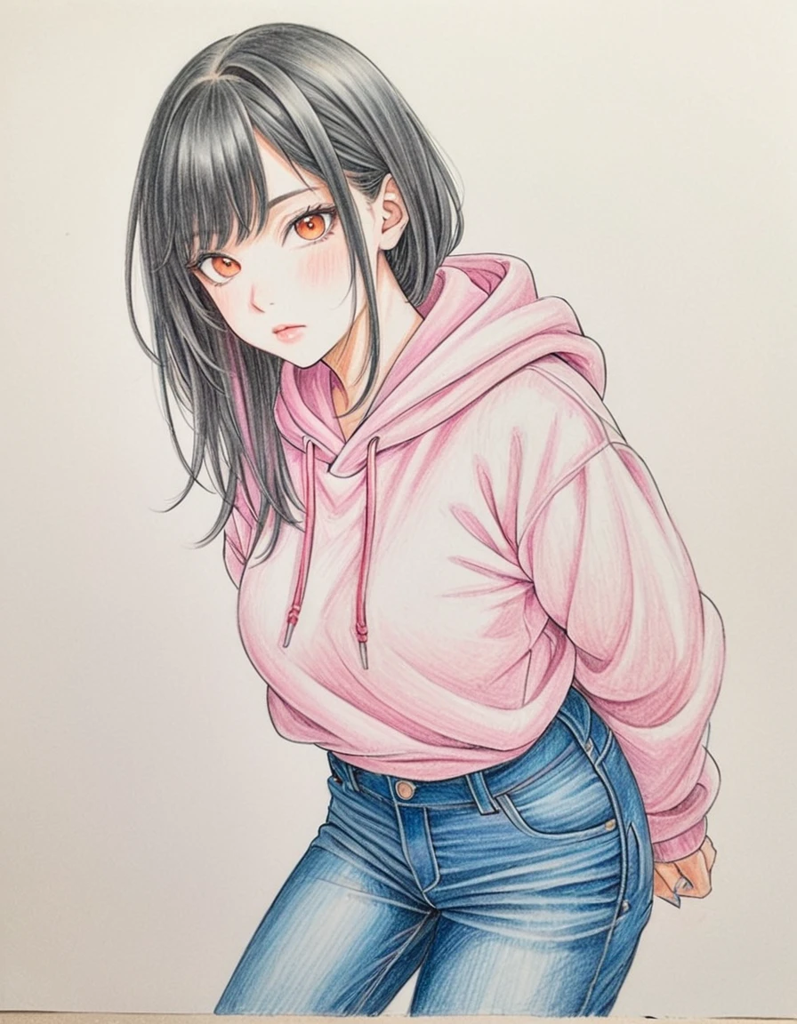 woman, hoodie, Denim pants, art, Colored pencil drawing, draft, White background