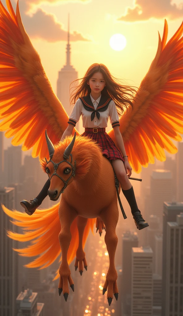 a teenage girl riding a phoenix, detailed facial features, long eyelashes, beautiful detailed eyes and lips, intricate ornate phoenix, elegant school uniform, flying over a city landscape, golden sunlight, vibrant colors, cinematic lighting, 8k, hyper detailed, masterpiece, photorealistic
