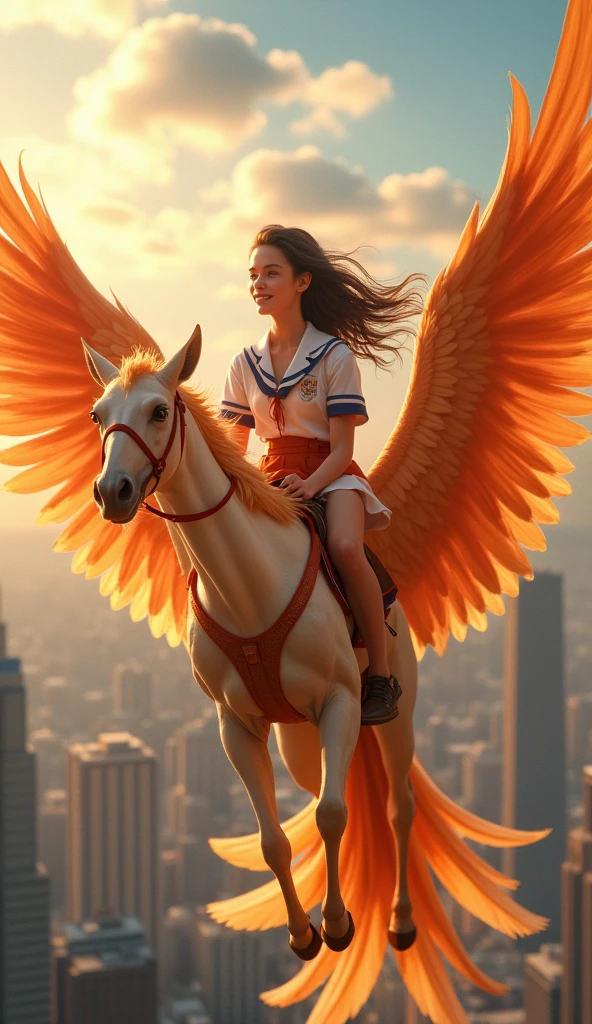 a teenage girl riding a phoenix, detailed facial features, long eyelashes, beautiful detailed eyes and lips, intricate ornate phoenix, elegant school uniform, flying over a city landscape, golden sunlight, vibrant colors, cinematic lighting, 8k, hyper detailed, masterpiece, photorealistic