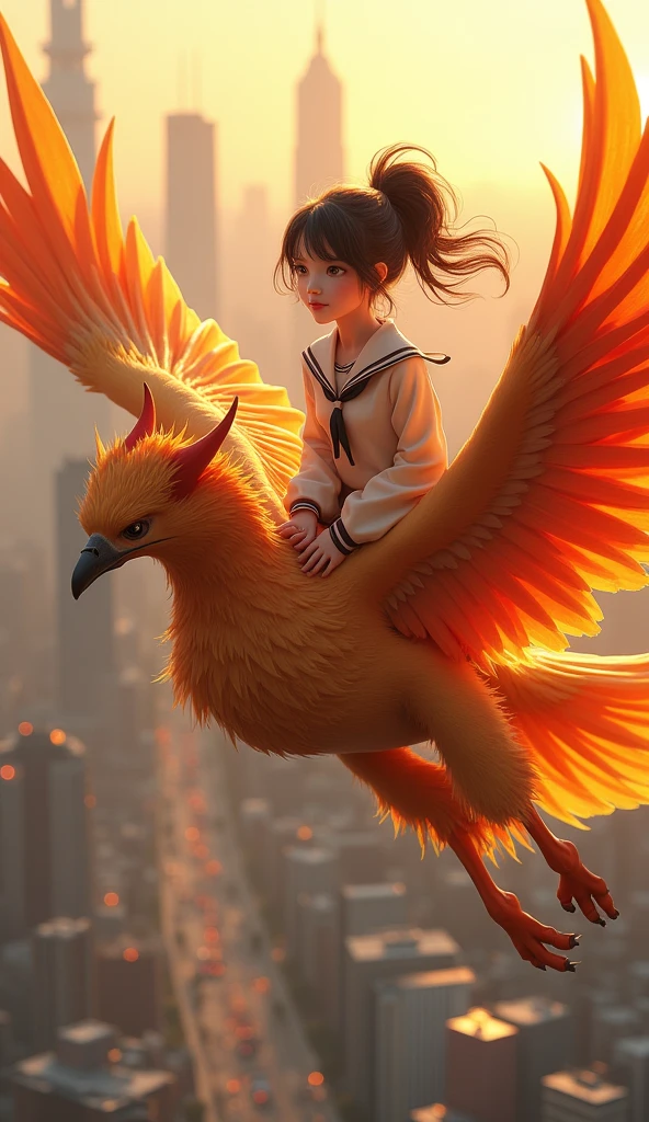 a age girl riding a phoenix, detailed facial features, long eyelashes, beautiful detailed eyes and lips, intricate ornate phoenix, elegant school uniform, flying over a city landscape, golden sunlight, vibrant colors, cinematic lighting, 8k, hyper detailed, masterpiece, photorealistic