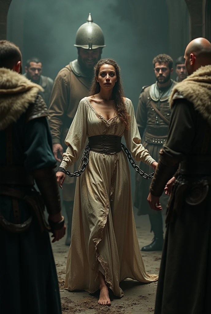 Lady Seraphina d’Aurelis, her gown torn and tattered, is escorted by rough mercenaries into the presence of Grim Havel. Her once-proud appearance is now marred by dirt, blood, and heavy iron chains that dig into her wrists. As she is brought before Grim Havel, the ruthless commander of the Iron Talons, his gaze falls upon her with dark, malevolent intent. Seraphina, despite her dire situation, stands with as much dignity as she can muster, her deep green eyes filled with defiance and fear. The room is tense, shadowed by the grim atmosphere of the war-torn surroundings, as Grim Havel considers her with a cruel smirk, his intentions clear but unspoken.