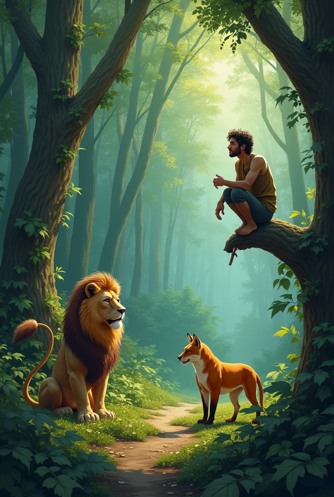 After some time, he started to move on from the forest. While crossing the forest, he saw a fox which had only two legs. The lazy man thought, "How can this fox stay alive in such a poor condition?" e for ries
Suddenly, he saw the lion coming towards piece of meat in his mouth. All the animals ran away as they saw lion coming towards them. The lazy man climbed up the tree to save himself but, the fox stayed at its place. But what the lazy man saw was truly surprising! The lion left a piece of meat which was in his mouth for the fox.