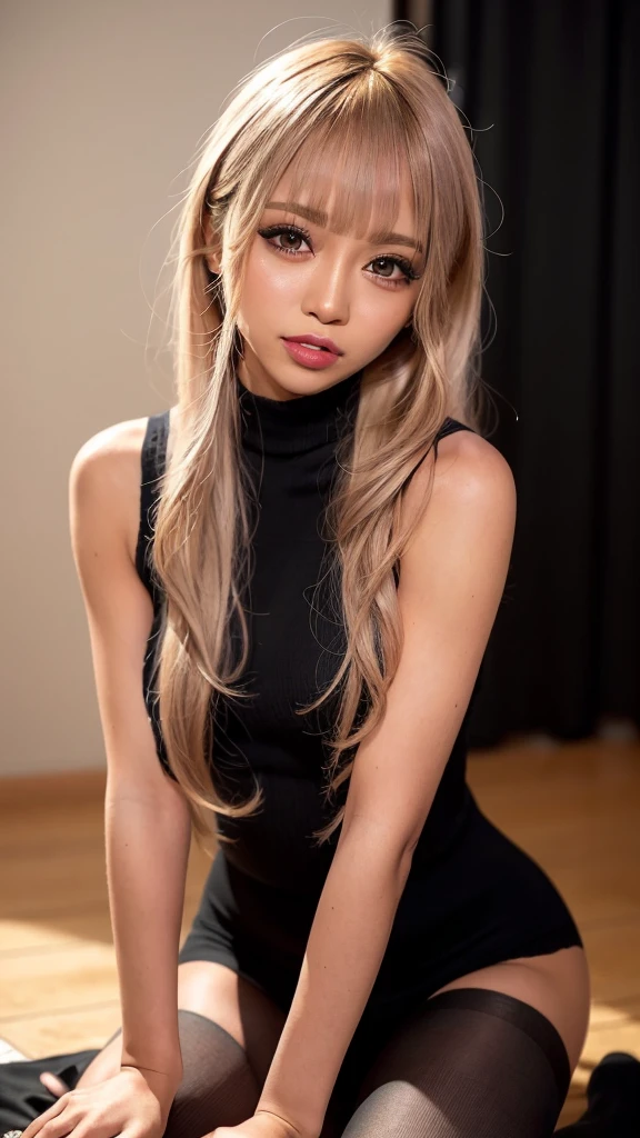 First Person View, (masterpiece:1.3), High resolution, Very detailed, Very detailed CG Unity 8k wallpaper, Realistic, photo-Realistic, RAW Photos, Beautifully detailed face, Pale skin, Realistic glistening skin, Detailed cloth texture, Detailed hair texture, Perfect body, Beautiful Face, Accurate, Anatomically correct, Highly detailed face そして skin texture, Natural neck length, (Beautiful Hそしてs), Thin legs, Thin legs, Good teeth alignment,
break,
fine grain, Symmetrical eyes, Bright Blue Eyes, double eyelid, Thin eyebrows, (Glossy Lips:1.5), (Sleepy face:1.2), (blush:1.3), (makeup:1.5), (((dark skin:1.4))),
break,
(elegantでキュート:1.3), elegant、(sleeveless turtleneck sweater:1.3), Toned Abs, Beautiful clavicle,
(Blonde, Straight hair, Long Hair:1.2), ((Asymmetrical bangs:1.2)),
break,
View your viewers, from the front,topless, (kneelist:1.3), (Black Pantyhose:1.3),