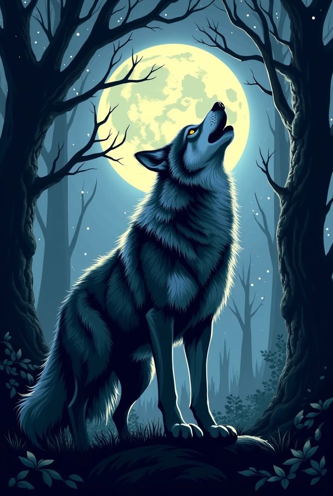 A detailed illustration of a wolf howling at the moon in a dark forest with glowing stars. I need this for a tshit design
