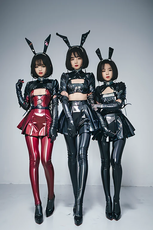 Three clown girls clowning Rubber Suit hair color: blue(1.1) Japanese Red and blue clown suit Two-pronged clown hat Clown makeup