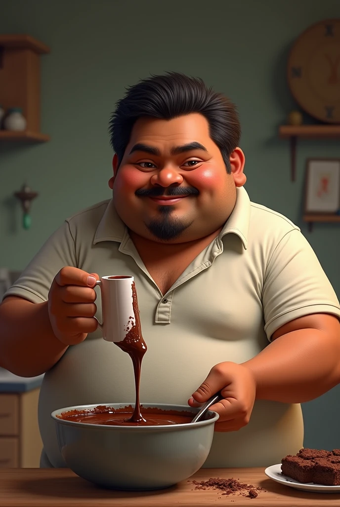 male character, mic, that fits into a logo, plumpness, light tan, Indian hair, with a mole under the nose on the left side of the mouth, with sailor&#39;s cachangá, com chocolate na boca, stirring bowl of brownie batter, with caricature features, full body with shirt, no microphone