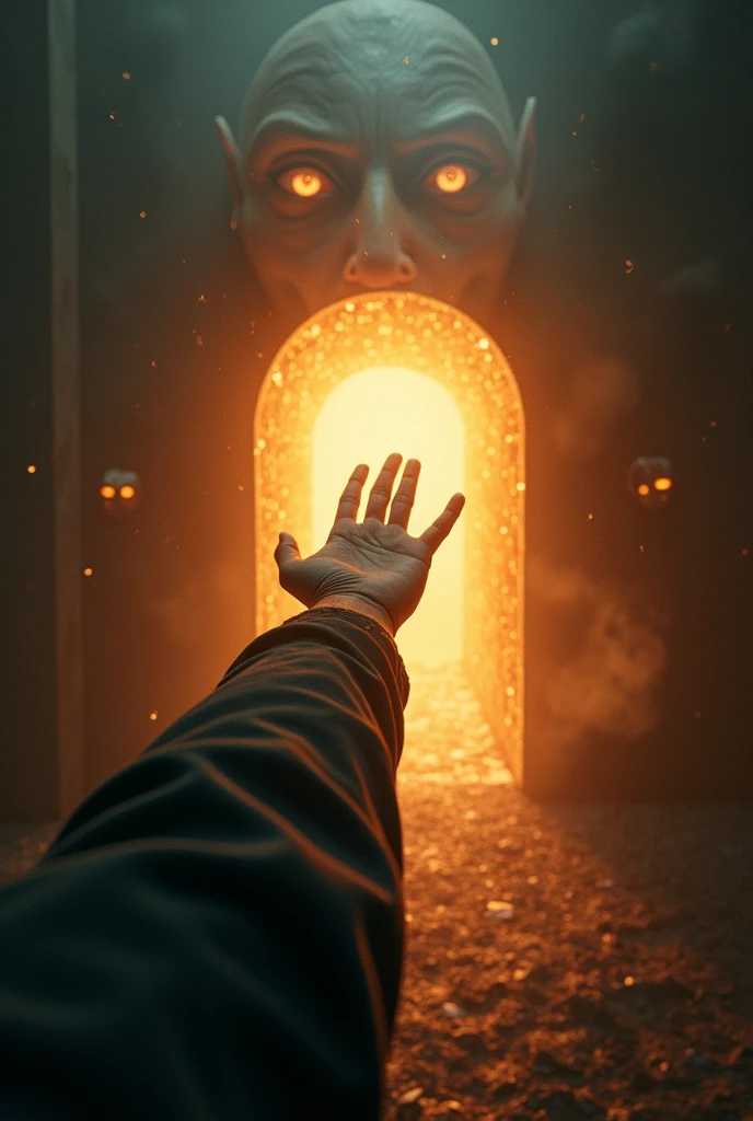A person in first person extending his arm forward wanting to enter a portal that takes him to the past to make the person from the past not kick a dog, while the portal glows with a warm color and there are eyes watching us around