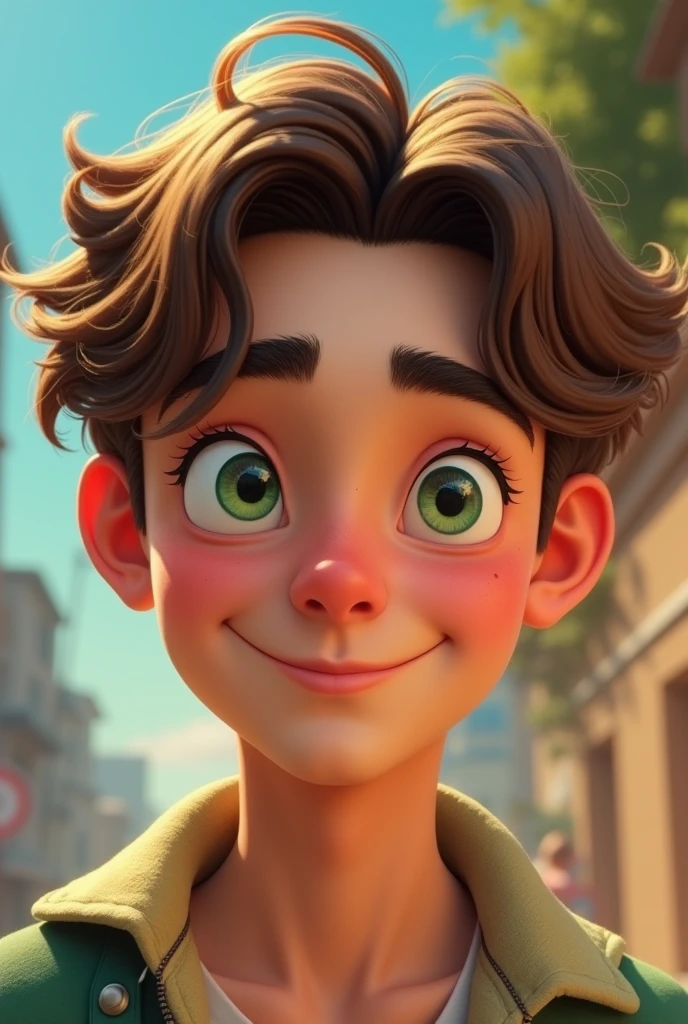 A young man of 20 years old with a fresh and youthful face. His eyes are a bright, light green, with a mischievous gleam that reflects his adventurous spirit. His eyebrows are thin and arched, framing eyes that always seem to observe the world with curiosity. His nose is straight and slightly upturned, giving him an air of determination. Her lips are full and slightly pink, with a smile that extends to her eyes. The skin on her face is smooth and flawless, with a light blush that gives her a healthy look. Her hair is light brown and slightly wavy, combed back with bangs that fall over her forehead. Realistic 4k, high quality portrait, 8k ultra-realistic art