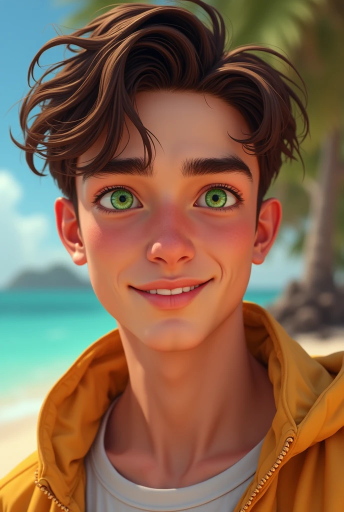 A young man of 20 years old with a fresh and youthful face. His eyes are a bright, light green, with a mischievous gleam that reflects his adventurous spirit. His eyebrows are thin and arched, framing eyes that always seem to observe the world with curiosity. His nose is straight and slightly upturned, giving him an air of determination. Her lips are full and slightly pink, with a smile that extends to her eyes. The skin on her face is smooth and flawless, with a light blush that gives her a healthy look. Her hair is light brown and slightly wavy, combed back with bangs that fall over her forehead. Realistic 4k, high quality portrait, 8k ultra-realistic art