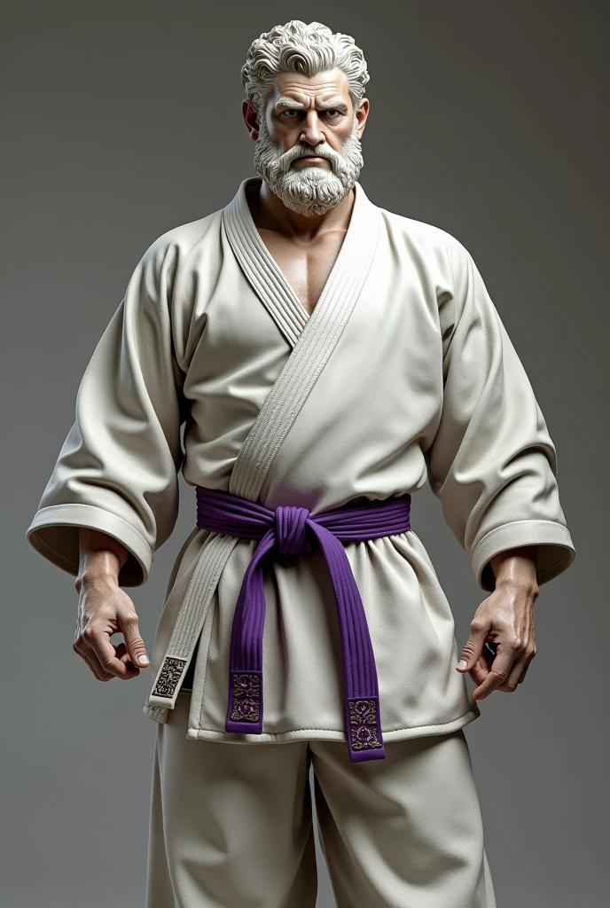 GREEK STATUE DRESSED AS A KARATE MASTER SENSEI WITH SENSEI ACCESSORIES AND PURPLE DETAILS ON THE CLOTHING