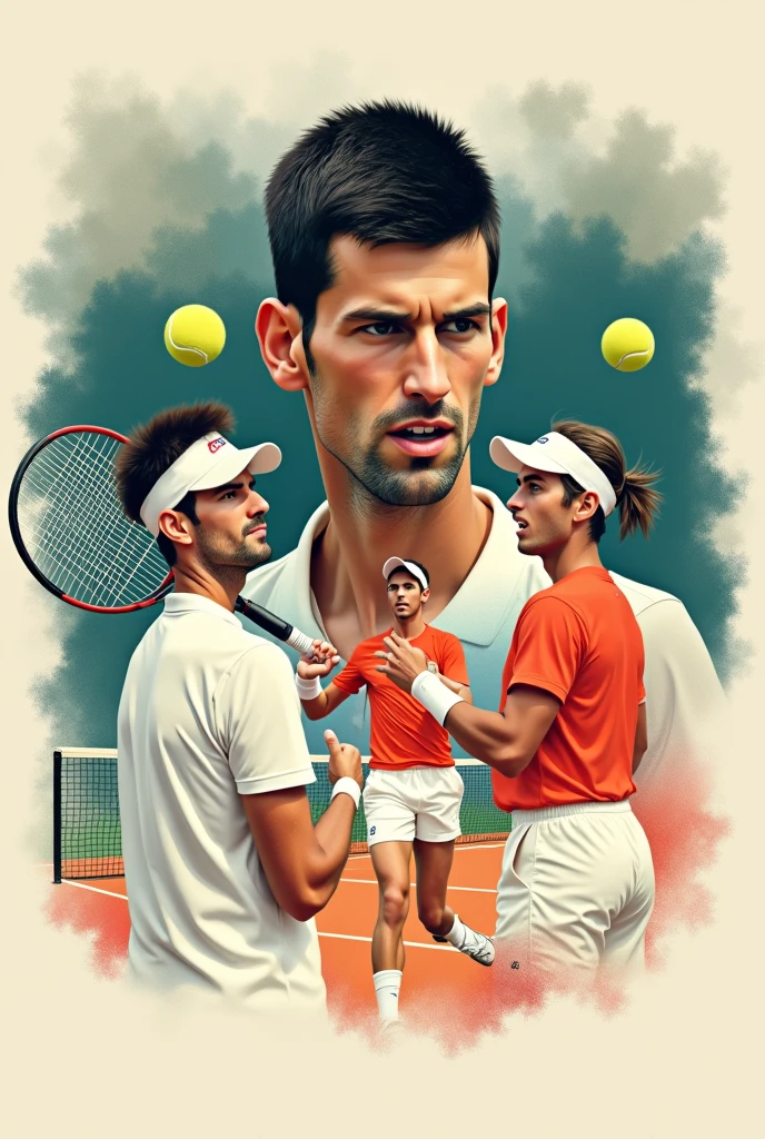 Minimalist and realistic square-sized collage of Novak Djokovic with Jannik Sinner and Rafael Nadal, playing a game. In the background a tennis court, with soft and pretty colors, with the English phrase of Novak Djokovic: “The winner is the one who believes in victory more”. It is important that Novak and the phrase are the protagonists of the image.