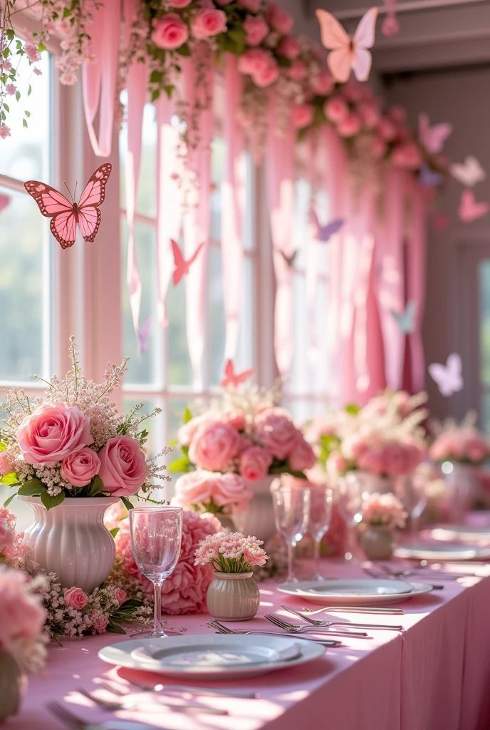 Decoration details: "Photo of the details of the party decoration which had PASTEL PINK as the main color with a flower and butterfly theme, including centerpieces, etc. Show up close how these elements are integrated into the theme.