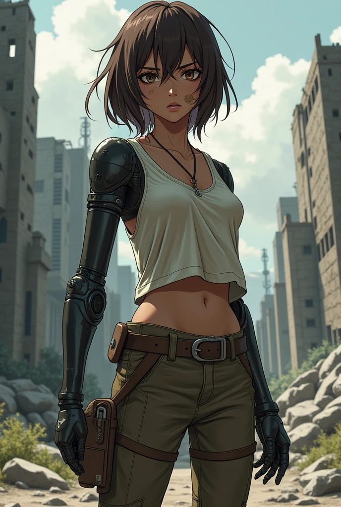 A dark-skinned woman, with worn out clothes, too short brown hair, A robotic arm and a scar on the mouth in anime style