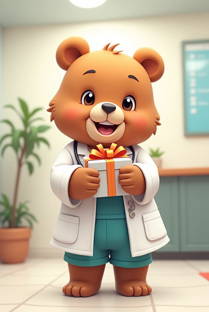 A cute 2D female bear wearing doctor clothes, with a smile, giving a gift