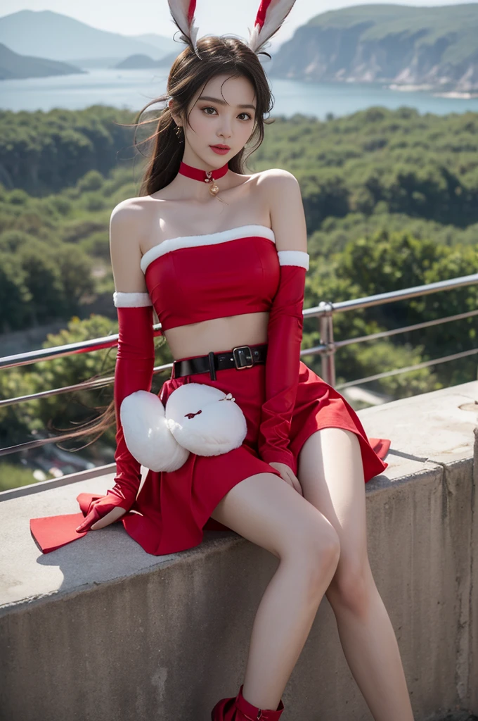 rebellion, bare shoulders, belt, crop top, red pencil skirt, miniskirt,christmas_dress,Fur trim, red fingerless gloves, midriff, Santa costume, rabbit tail, rabbit ears, fake animal ears,, (masterpiece, best quality:1.2), 1 Girl, Solitary, ((Bare shoulders)), On the top of the mountain，moonlight，((Sitting, Sitting on the edge of a cliff)), Heroine Image，Slender sexy legs，Very beautiful legs，Leaking sexy legs，Large Breasts，beauty, mystery。脸庞beauty精致，Otherworldly beauty。The bridge of the nose is straight，Cherry lip color，Confident and calm。Well-defined facial contours，Skin like jade，Light and delicate makeup，Show her temperament and charm。Light foundation, Skin transparency，Perfect eyebrow shape，Eye Makeup,Eyeshadow,Eyeliner，Brighter eyes、Energetic。涂上grace的口红，Charm and sophistication。衣服grace别致，Clothes fluttering，Blown up by the wind，Drifting away。grace，Swinging action。Hair tied haphazardly behind the head，Secure with a jade hairpin，Strands of hair fluttering gently in the wind，一道beauty的风景线，Attract attention。beauty、grace、mystery