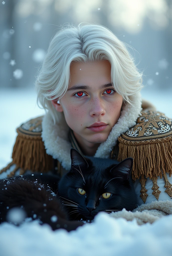 Under the pale light of dawn, an impressive image appeared on the white snow background. The youngest child of the northern viscount family, with hair as white as the light of the moon and sharp blood-red eyes, lay in a pile of thick snow. His bright red eyes sparkled in the weak light, creating a mysterious and seductive look. He wore a commander's uniform, elegant but somewhat heavy, with delicate decorative details reflecting the faint light from the overcast sky. Next to him, a black cat lay curled up, its shiny fur blending perfectly with the surrounding snow. The quiet and cold scenery creates a scene that is both mysterious and peaceful.