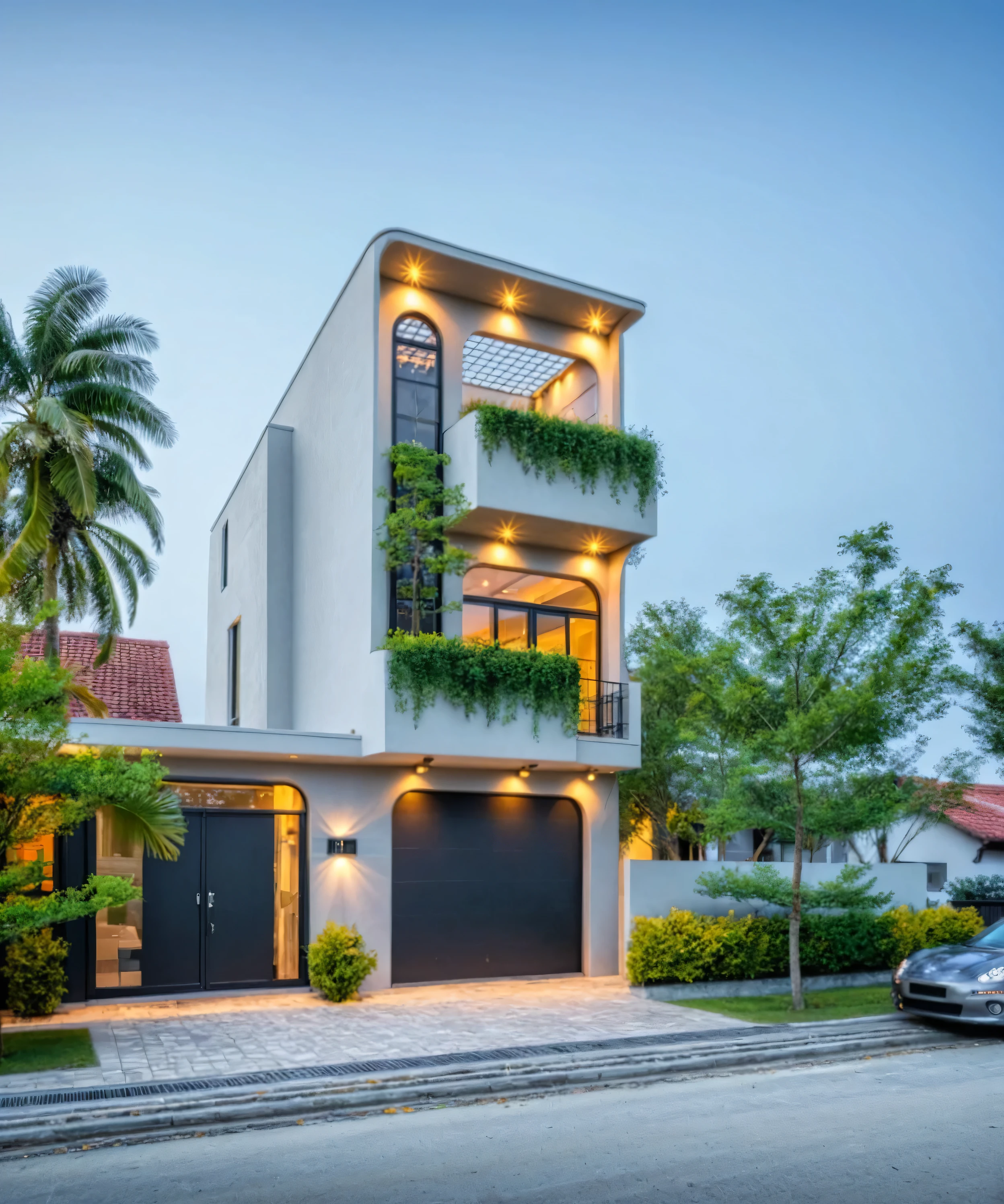 Real pictures of houses with balconies and balconies, idea houses, architectural ideas, architectural drawings, house designs, real pictures, daylight, beautiful plants, gray aluminum glass doors , interior lighting, spot light, 8k.