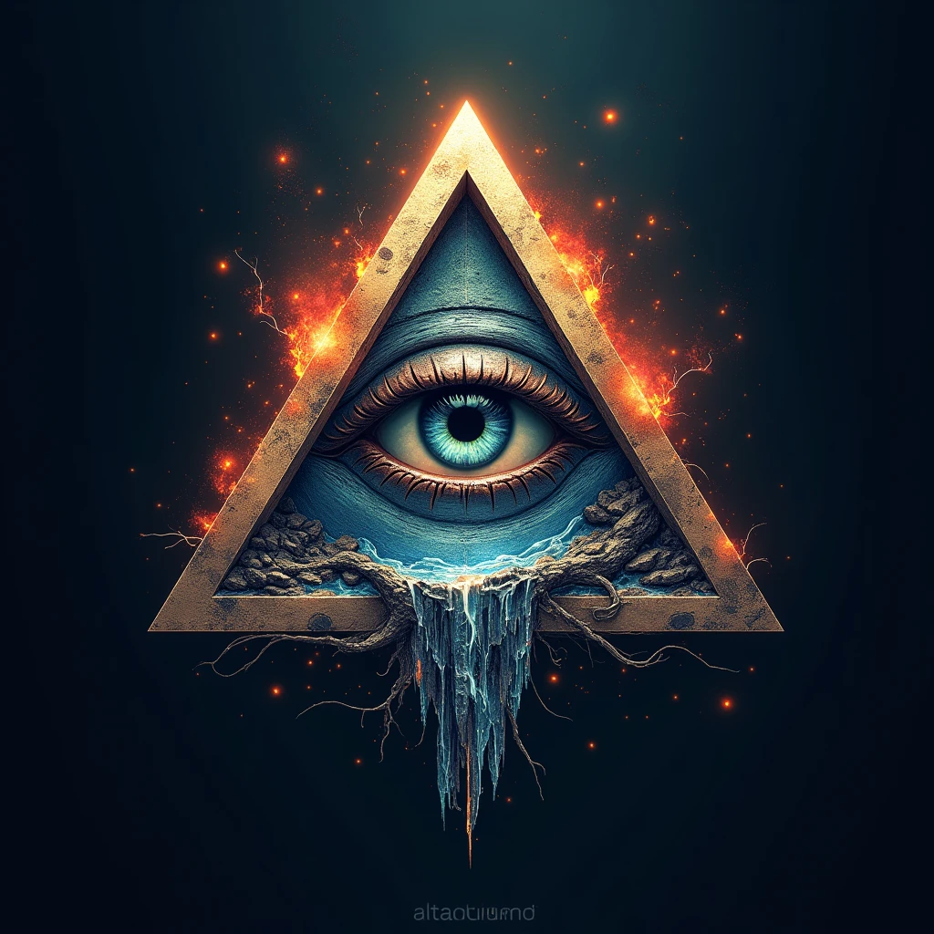 logo design, all seeing eye inside a triangle, a text written ALTAR DUKUND, fire and ice background, complex background, fantasy art, cinematic lighting, masterpiece, extreme detail, 4k 