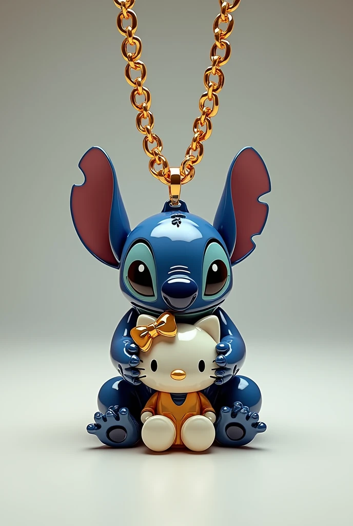 Custom jewelry style Cuban chain in the shape of Stitch hugging Hello Kitty facing forward.