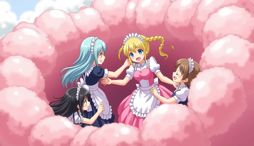An anime-style illustration depicting maids and princess playfully wrestling with each other inside a pink comical fight cloud (dust cloud).
each maid has different  colored hair.one princss with blonde braided and blue-eyes and pink-dress.
their faces,hands,and feet are visible emerging from the cloud as they tussle humorously,  with the rest of their bodies completely hidden inside the cloud.
the illustration emphasizes the humorous and energetic nature of their scuffle,with a fluffy  and exaggerated fight cloud.
