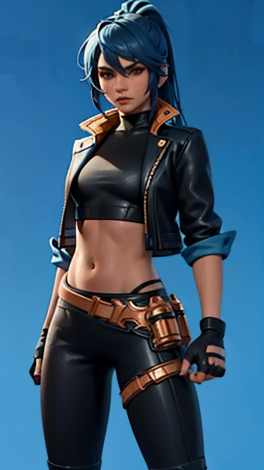 City detailed background, city detailed scenario, 1girl, solo, HeroicHopeFN, crop top, black top, open clothes, jacket crop top, black jacket, blacks pants, white skirt, one gloves, blue hair, ponytail, blue eyes, headset