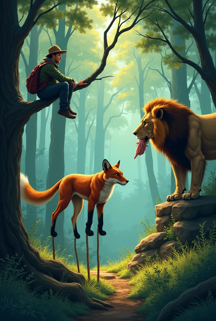 After some time, he started to move on from the forest. While crossing the forest, he saw a fox which had only two legs. The lazy man thought, "How can this fox stay alive in such a poor condition?" e for ries
Suddenly, he saw the lion coming towards piece of meat in his mouth. All the animals ran away as they saw lion coming towards them. The lazy man climbed up the tree to save himself but, the fox stayed at its place. But what the lazy man saw was truly surprising! The lion left a piece of meat which was in his mouth for the fox.