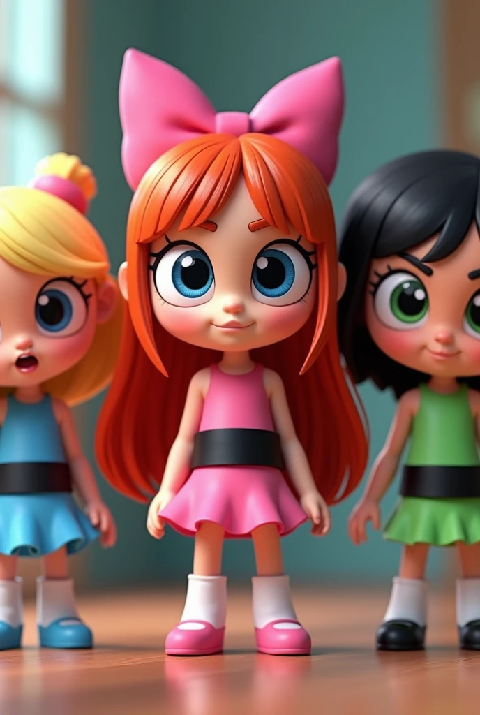 Three realistic girls, inspired by the Powerpuff Girls. Blossom has long, straight red hair, tied with a large pink bow, wearing a pink dress with a black belt and pink shoes. Her eyes are large and pink, with a confident expression. Bubbles has blonde pigtails, wearing a blue dress with a black belt and white shoes. Her eyes are big and blue, with a bright, cheerful expression. Buttercup has short black hair, wearing a green dress with a black belt and black shoes. Her eyes are green, with a fierce and determined look. Realistic lighting, highly detailed faces, and textures. Focus on character design with soft shadows and vibrant colors."