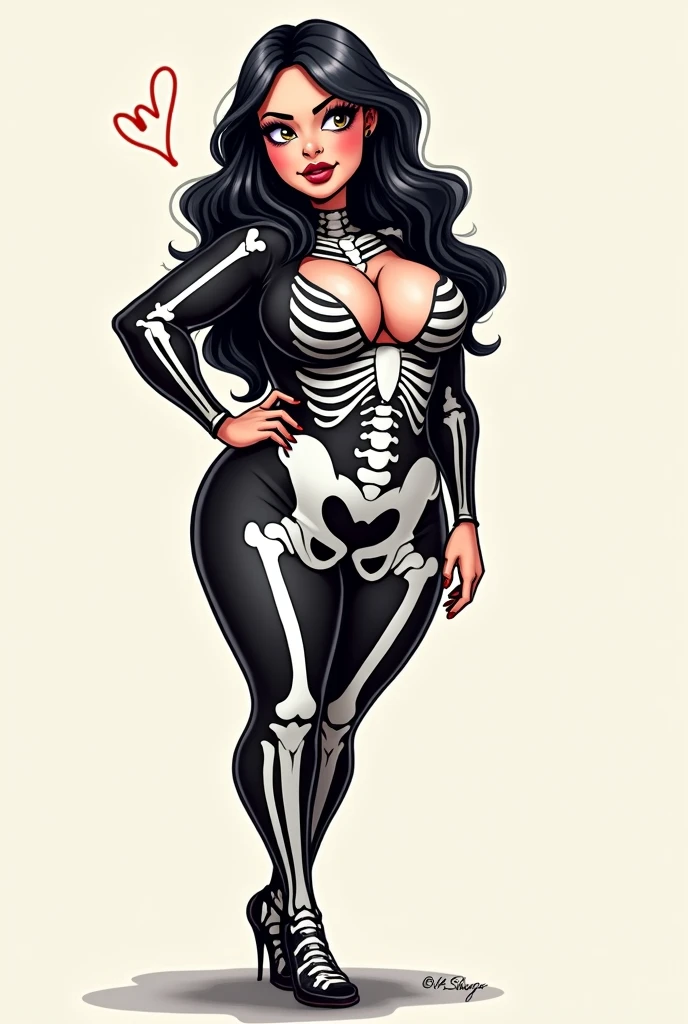girl who is dressed as a Skeleton and is sexy and who is busty and has a good body, cartoon sketch drawing