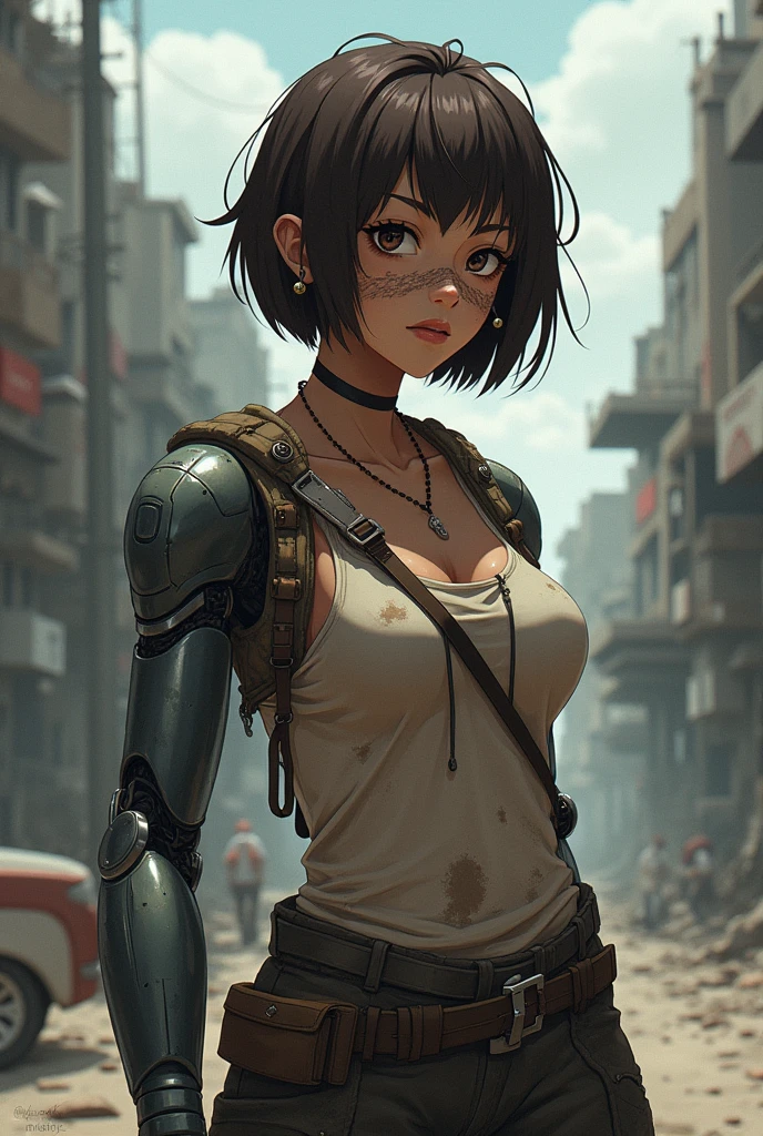 A dark-skinned woman, with worn out clothes, too short brown hair, A robotic arm and a scar on the mouth in anime style
