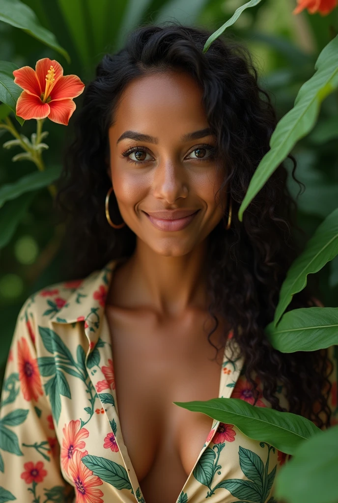 A Brazilian woman in a lush tropical garden, wearing an open shirt with a floral print, with a close-up capturing the harmonious beauty between her breasts and the natural flowers, showing off your natural charm and outgoing personality.