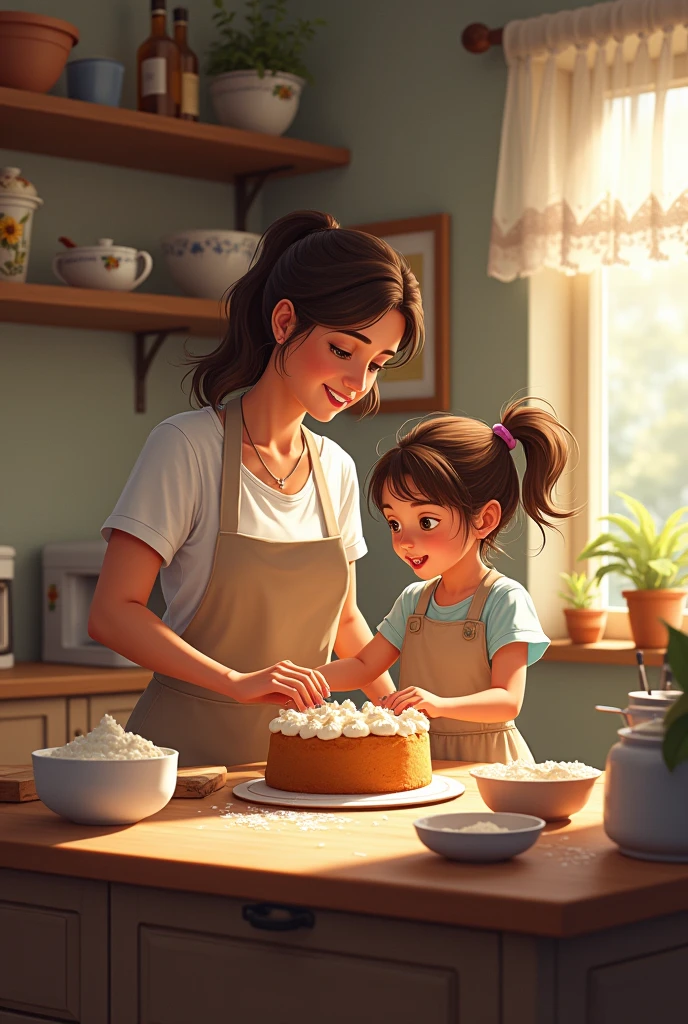 Mother with her 2nd daughter making cake