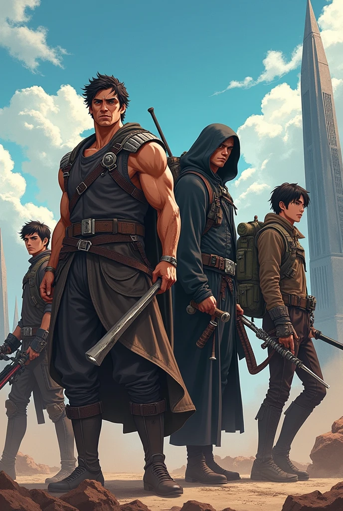 Draw a young man, dark-skinned, masculine, in the middle of the island of resident evil 4