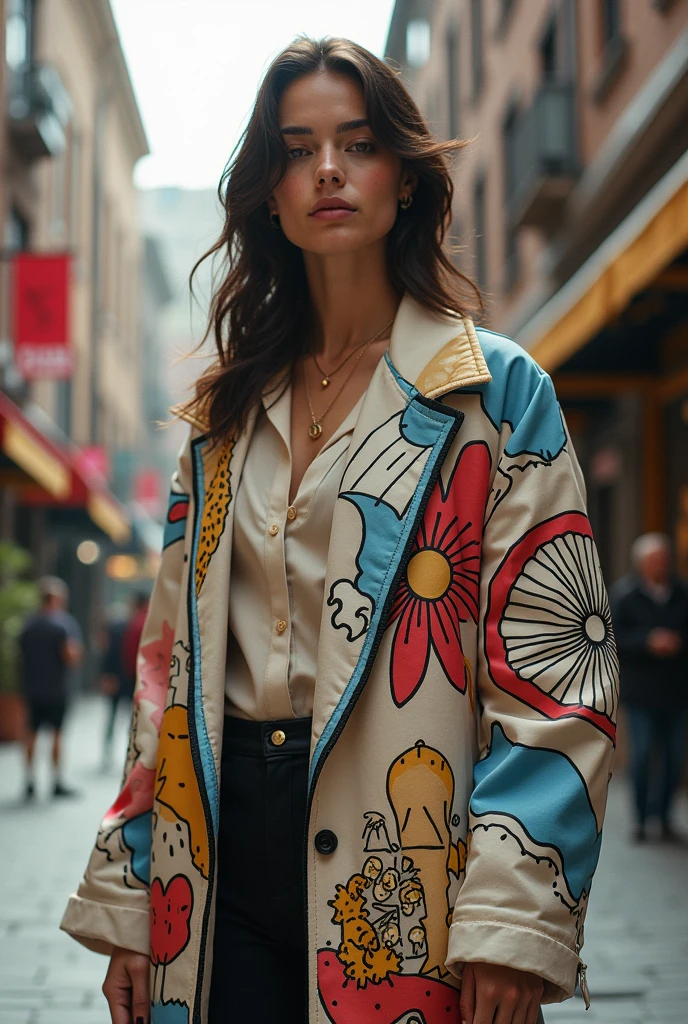 Woman 20 to 2 theater school with urban clothing with abstract drawings on her clothes 