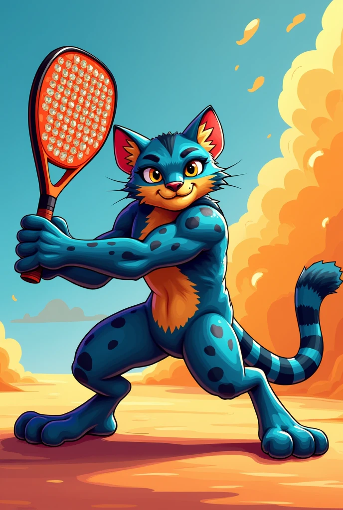 Make an ocelot similar to the UNIVA mascot Animated with a Padel Racquet that is not thin and includes the colors blue and orange