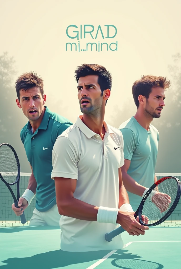 Minimalist and realistic square-sized collage image of Novak Djokovic with Jannik Sinner and Rafael Nadal, playing a game. In the background a tennis court, with soft and pretty colors, with the English phrase of Novak Djokovic: “The winner is the one who believes in victory more”. It is important that Novak and the phrase are the protagonists of the image.