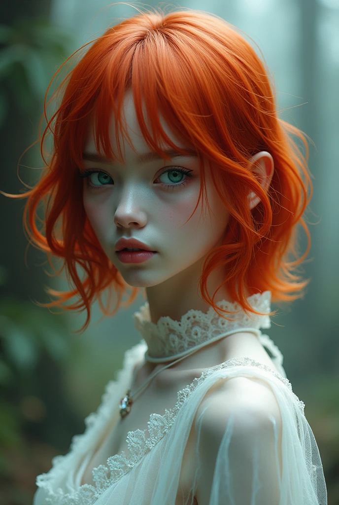 An androgynous man with snow-white skin and shoulder-length red hair, emerald or blue eyes, short stature like 1:68  
