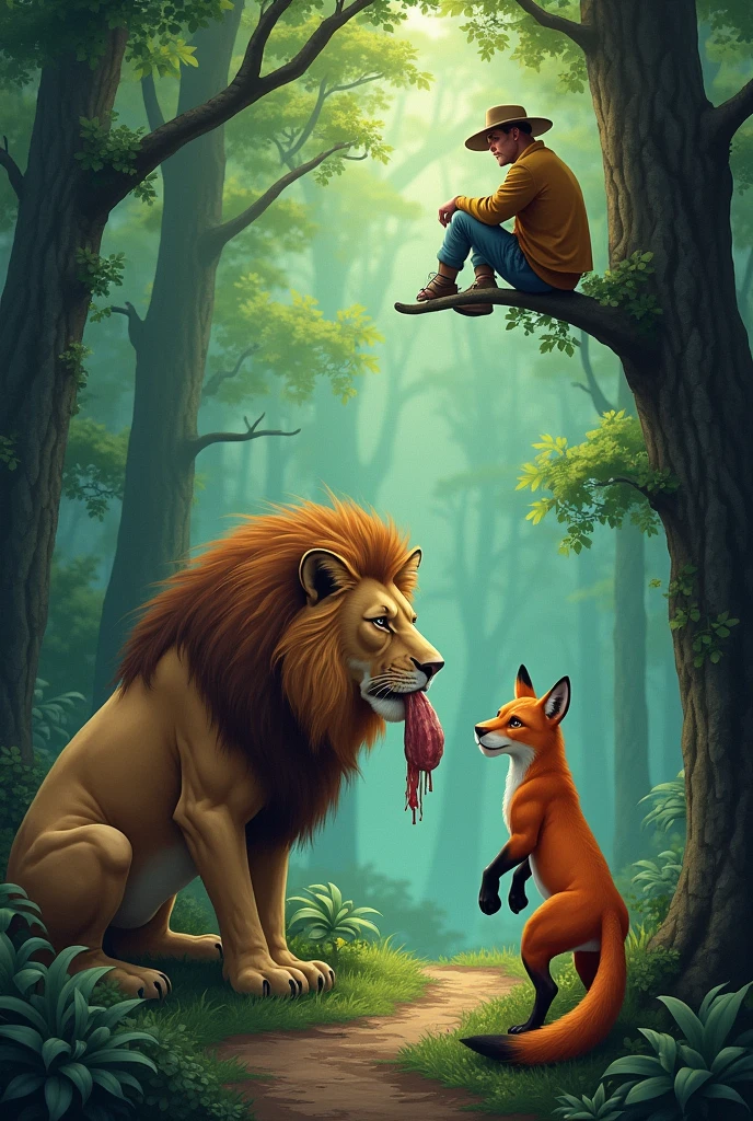 After some time, he started to move on from the forest. While crossing the forest, he saw a fox which had only two legs. The lazy man thought, "How can this fox stay alive in such a poor condition?" e for ries
Suddenly, he saw the lion coming towards piece of meat in his mouth. All the animals ran away as they saw lion coming towards them. The lazy man climbed up the tree to save himself but, the fox stayed at its place. But what the lazy man saw was truly surprising! The lion left a piece of meat which was in his mouth for the fox.