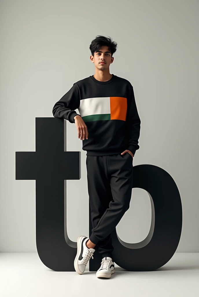 The real Indian 1 boy with black hair is wearing a casual outfit including a black tricolor sweatshirt, jogger pants and sneakers. The man is leaning on a large bright tricolor letter ‘TB’, which is black with white accents. The overall color scheme is minimal, focusing on the colors of the tricolor. The scene has a modern and clean aesthetic, with soft darks and subtle shadows.”