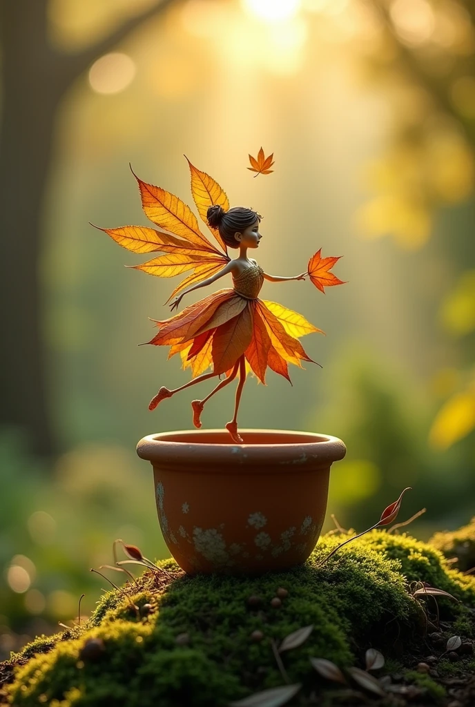 A whimsical miniature figure composed of delicately arranged autumn leaves, poised in a carefree dance on the rim of a weathered, moss-covered terracotta pot, set against a lush, vibrant forest backdrop, where dappled sunlight filters through the canopy above, casting intricate shadows. The overall aesthetic is ethereal, with warm, earthy tones of sienna, umber, and olive green, infused with hints of emerald and golden light, evoking a sense of wonder and enchantment, as if plucked from a fantastical realm.
