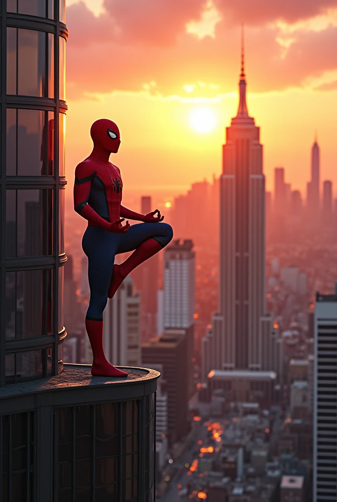 Sspider man doing yoga at edge of skyscrapper,background sunrise, iron man