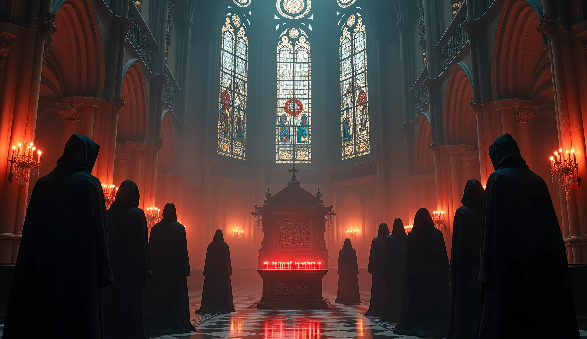 8k、lots of candles ,large stained glass,(Extreme low angle), (number々の賞を受賞したmasterpiece、Incredible detail、Texture、Maximum details),red flame candle, (summoning magic),(A ruin with beautiful moonlight in the middle of the night), (dark ritual),(dark organization)arafed image of a group of people in a church with candles,lit candle, dark cinematic concept art, elegant cinematic fantasy art, photorealistic dark concept art, by Beeple, dark robes, wojtek fus, gothic epic library concept, gothic epic library, epic cinematic concept art, dark concept art, Beeple and mike winkelmann, symmetrical epic fantasy art, High resolution, masterpiece, Highest quality, Intricate details, Very detailed, Clear focus, practical skin texture, texture, Shot with Canon, 85mm, Shallow and deep, Kodak Vision Color, Exactly, Very detailed, photograph_\(Extremist\), photographpractical, practical, Post-processing, Maximum details, Roughness, Real Life, Extremist practical, Photorealism, photographgraphy, 8K Ultra HD, photographgraphy