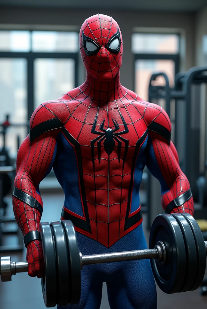 Medium Weight"Spider-Man, in his full uniform, lifts a large dumbbell at the gym."